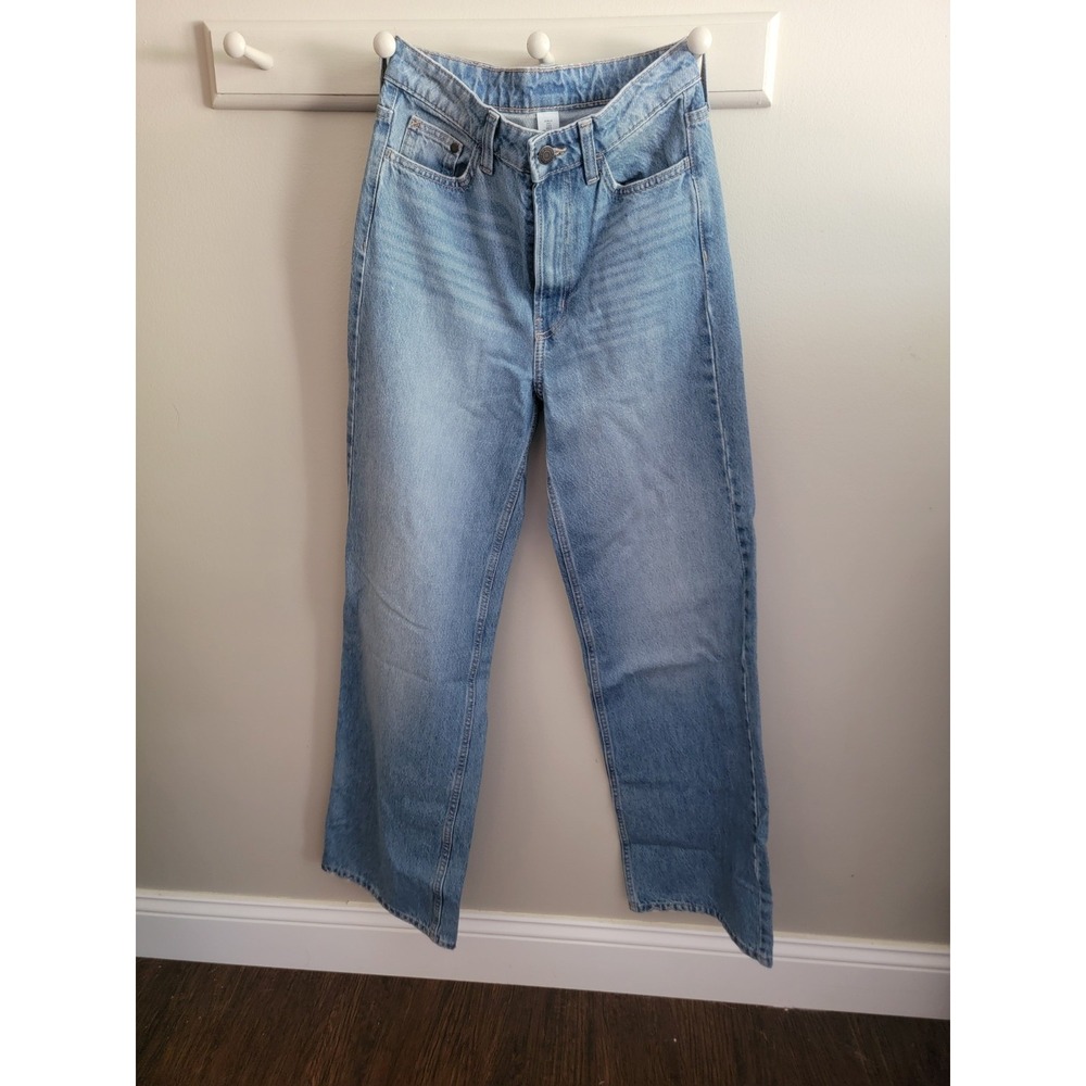 H&M Blue Denim Jeans Size 2 Women's Wide Leg Ultra High Waist Medium Wash EUC